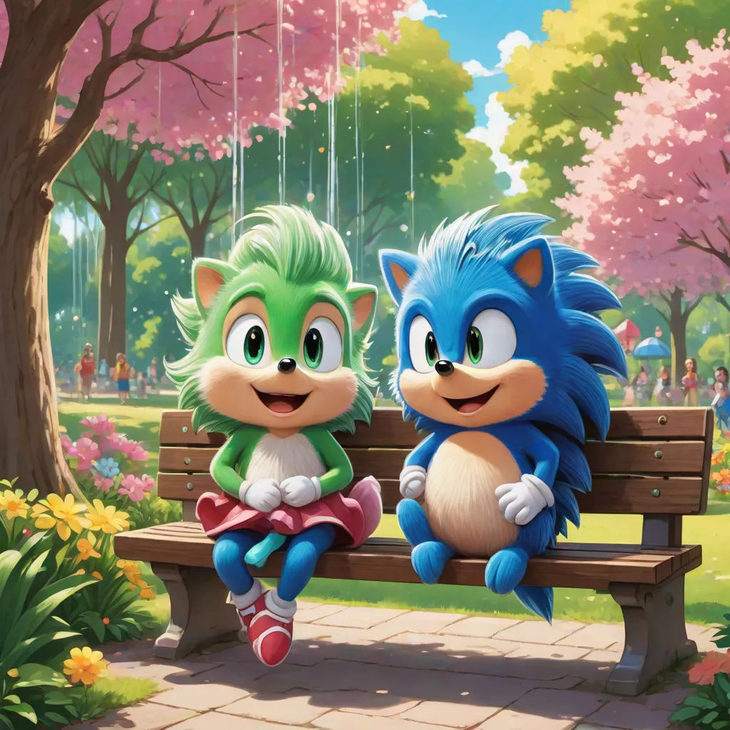 a couple of cartoon characters sitting on a bench in a park with trees and flowers in the background and a park bench with flowers and a bench with a hedge, sots art, a fine art painting, Chris LaBrooy, official art