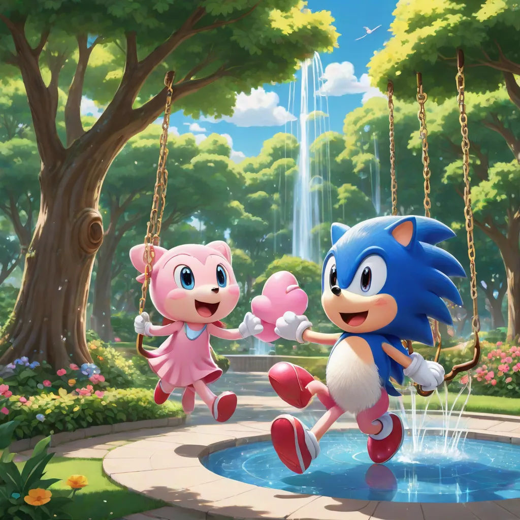 a cartoon character running across a park with a cat on a swing next to a hedgehog on a swing, sots art, concept art, Chris LaBrooy, official art