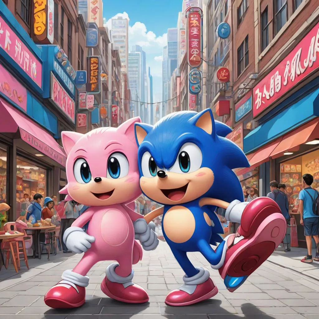 a couple of cartoon characters standing next to each other on a street near buildings and people eating food and drinking, sots art, concept art, Chris LaBrooy, official art
