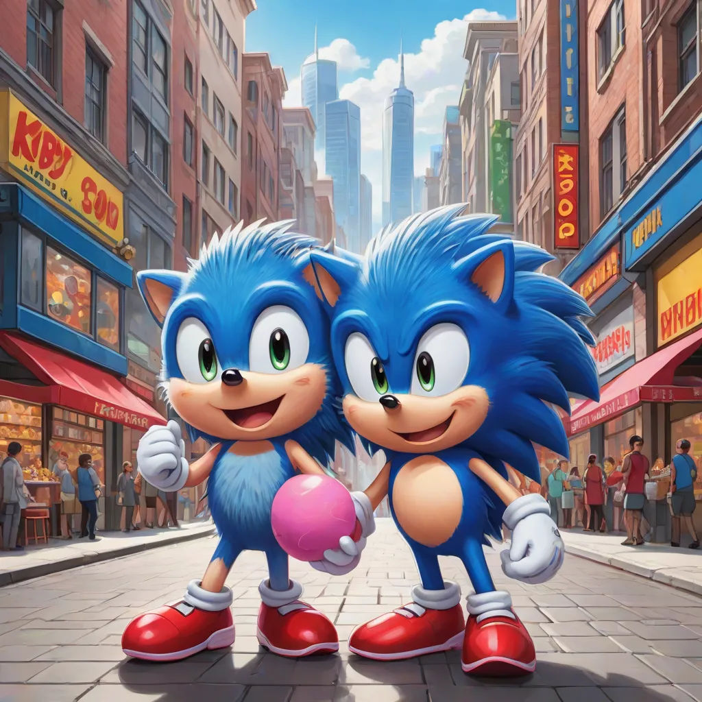 a couple of cartoon characters standing next to each other on a street in front of buildings and people in the background, sots art, concept art, Chris LaBrooy, official art