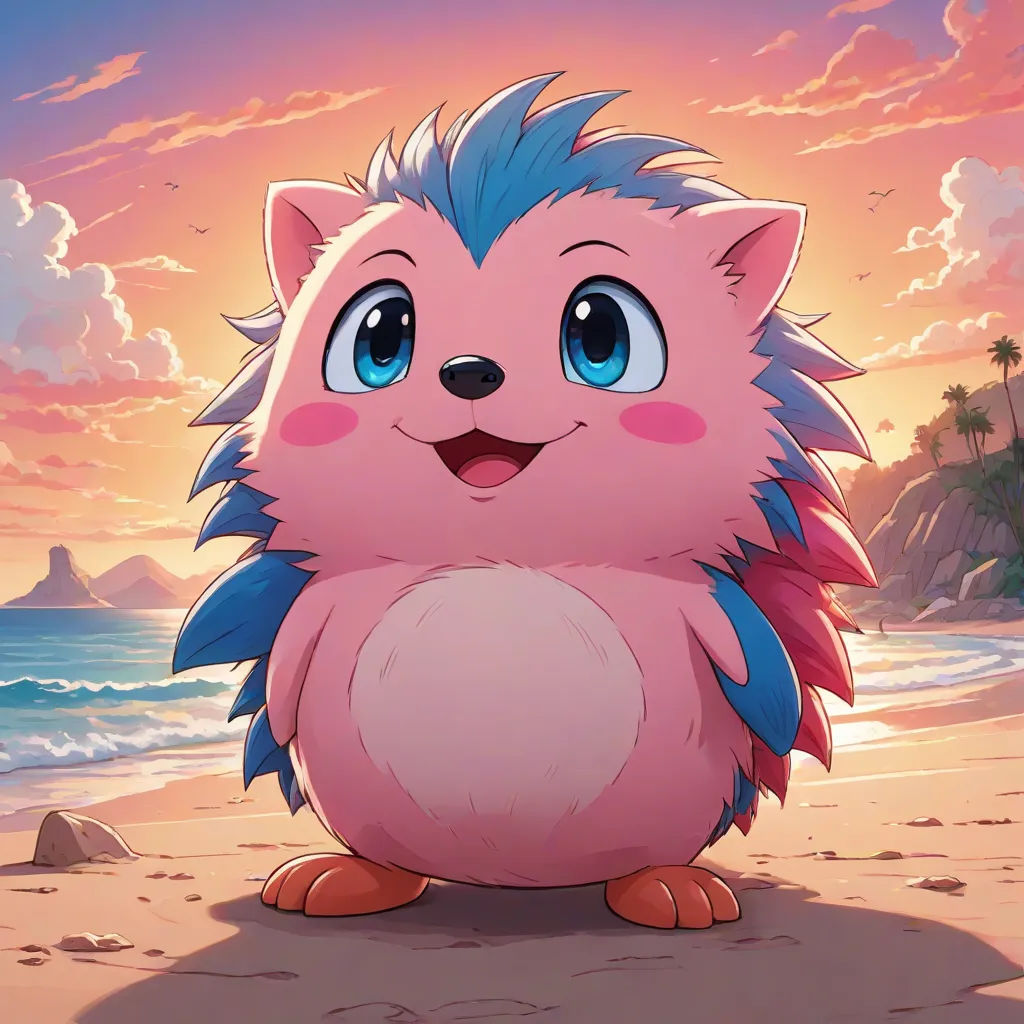 a cartoon character with blue hair and a pink furry animal on a beach with a sunset in the background, sots art, concept art, Chris LaBrooy, official art