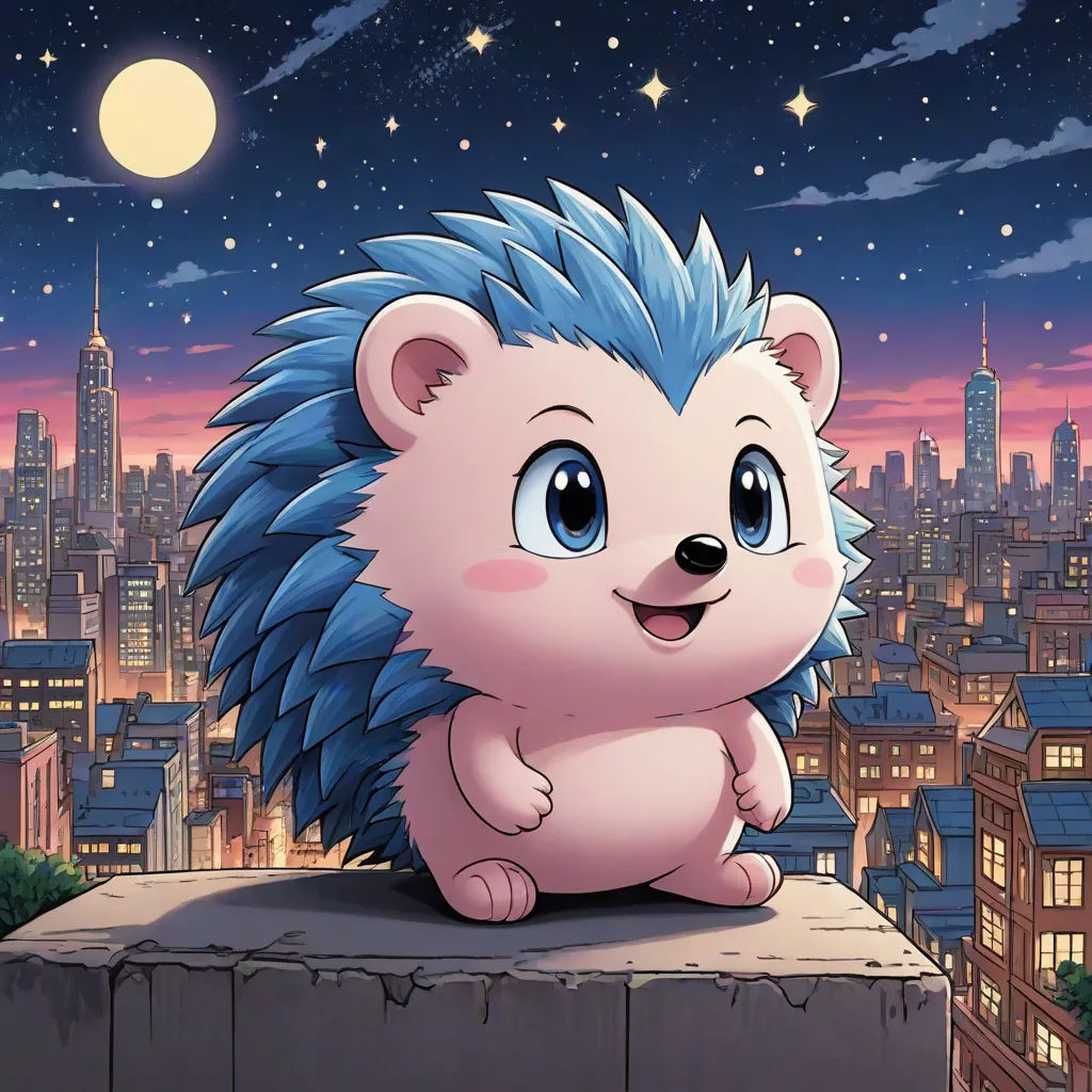 a cartoon hedge sitting on top of a building at night with a city in the background and stars in the sky, sots art, a comic book panel, Chris LaBrooy, official art