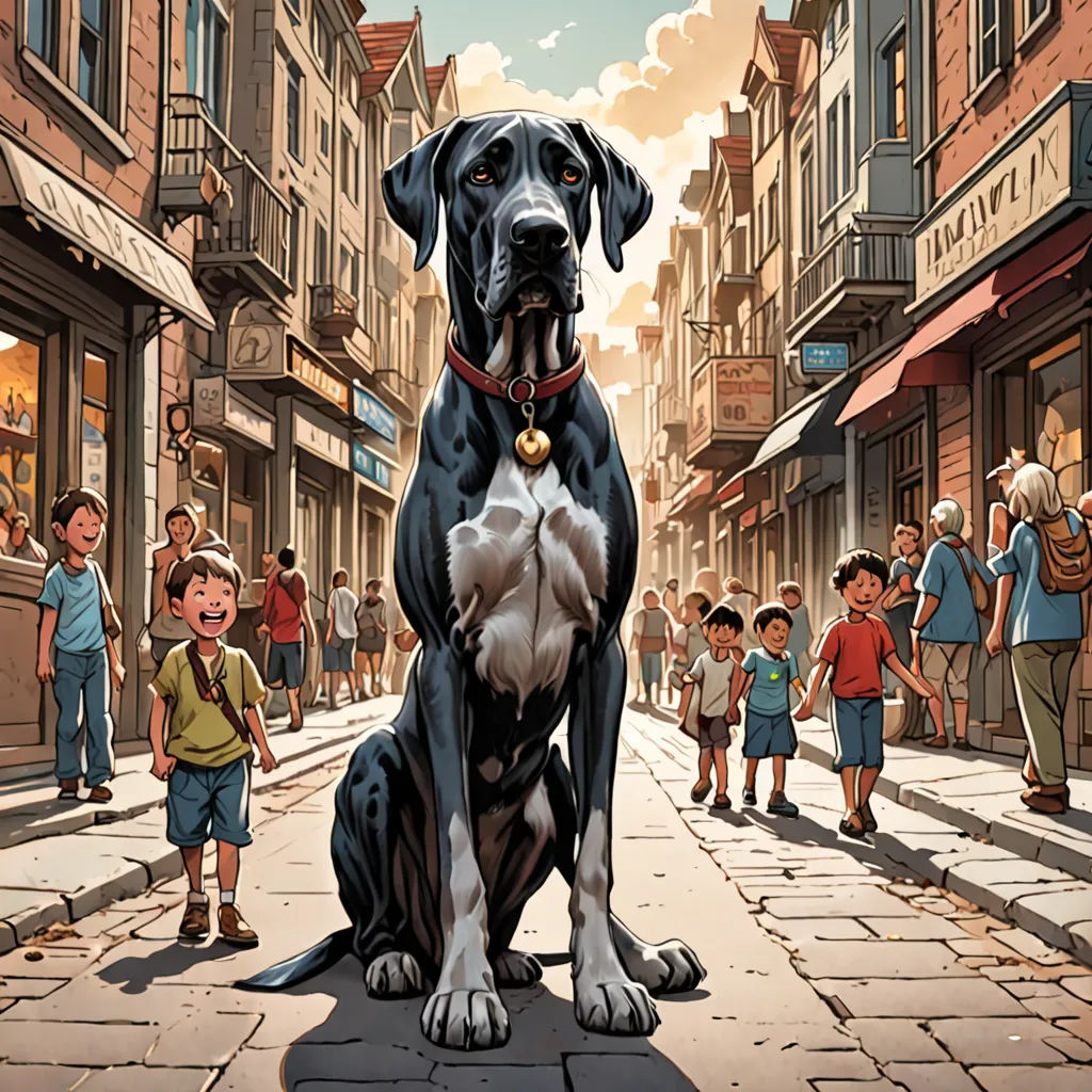 a dog sitting on a street with a group of people walking by it and a child standing on the sidewalk, magical realism, a comic book panel, Asaf Hanuka, comic cover art
