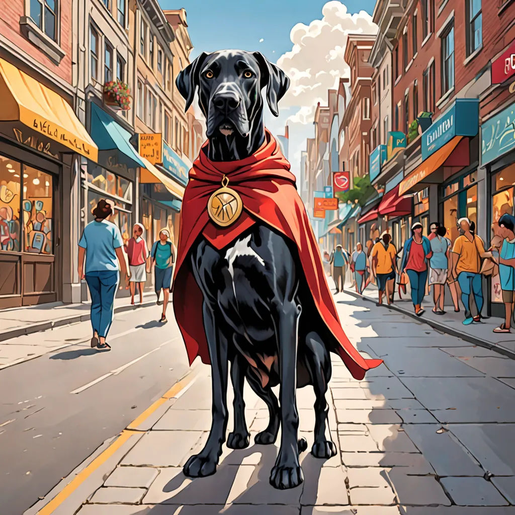 a dog dressed as a superhero on a city street with people walking by and a man in a red cape, american scene painting, a comic book panel, Colin Middleton, comic cover art