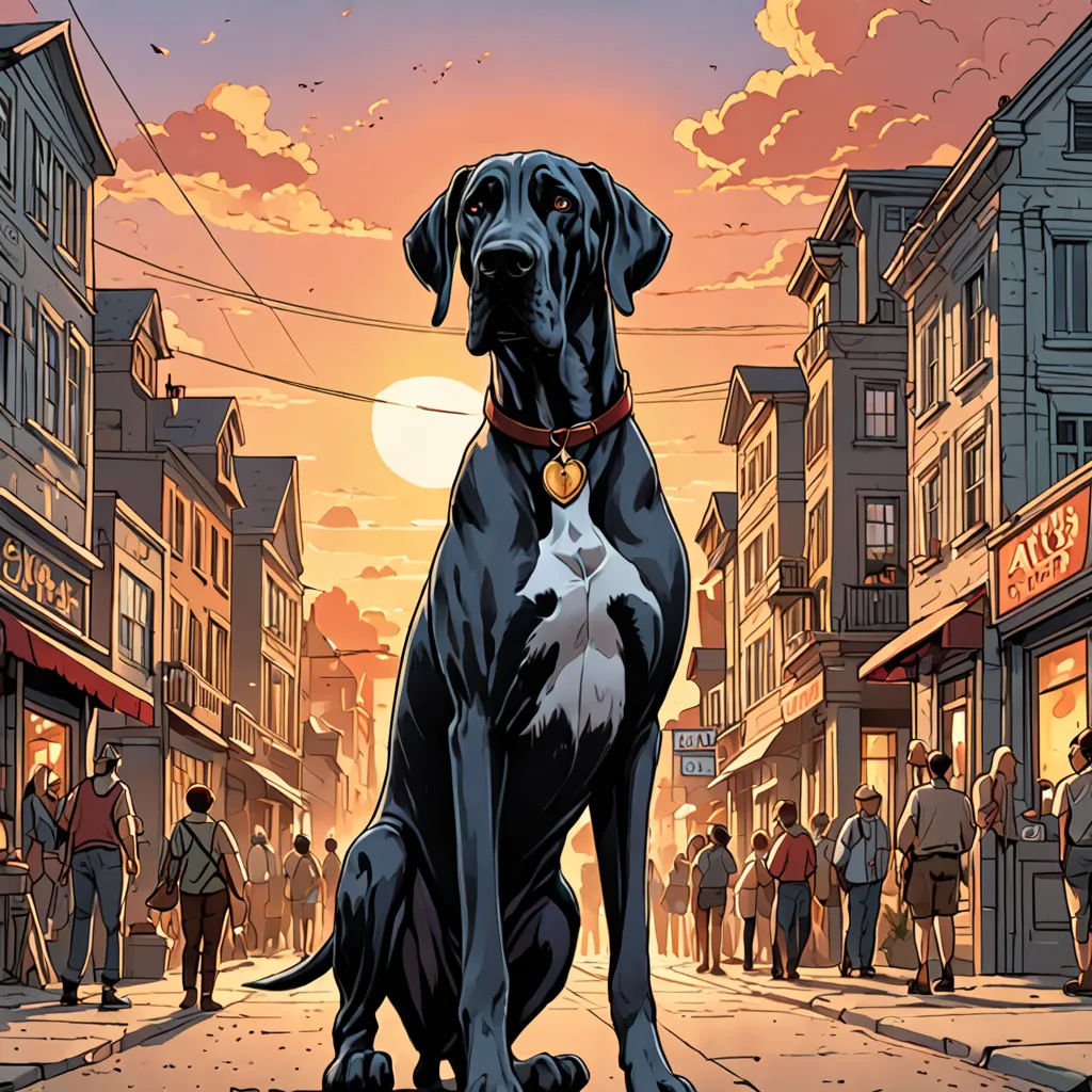 a dog sitting on a street with a crowd of people in the background at sunset or dawn, with a dog on the street, furry art, a comic book panel, Anthony Palumbo, comic cover art