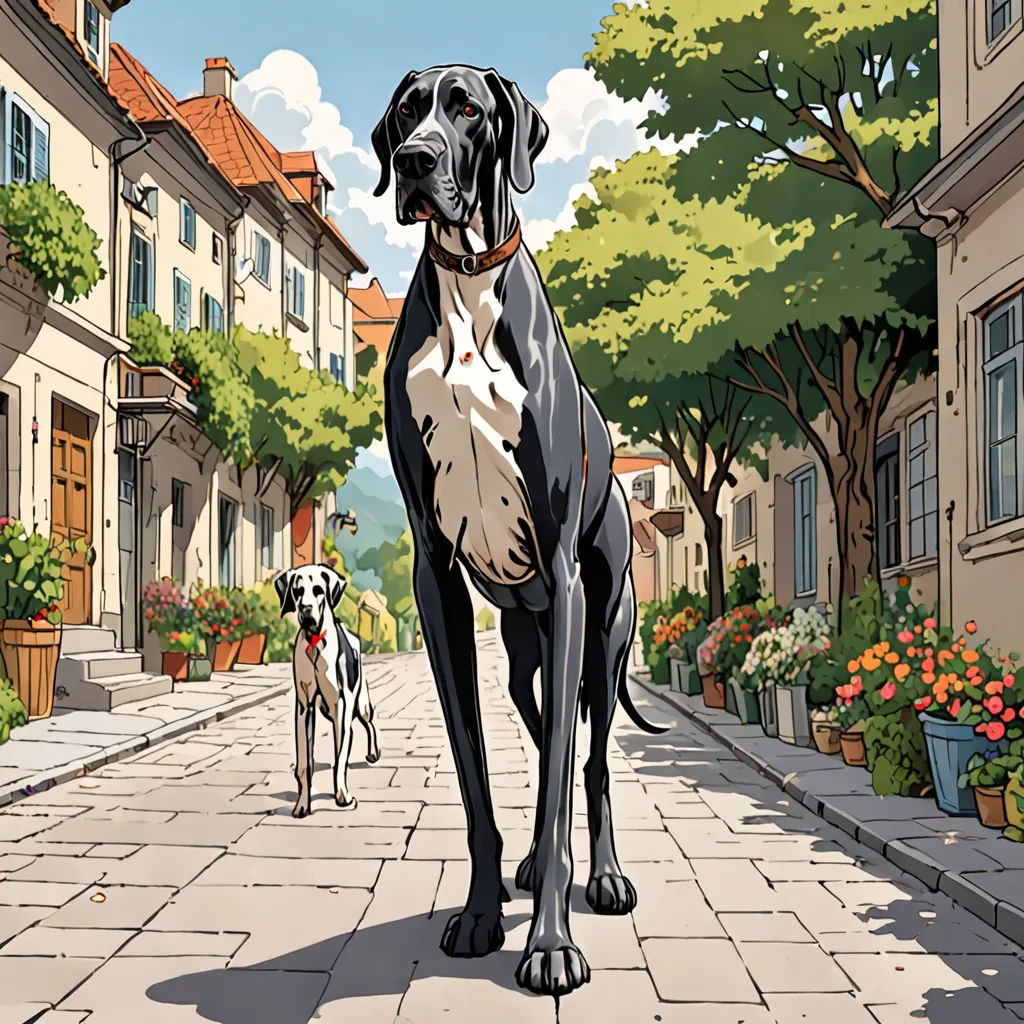 a dog standing on a sidewalk next to a dog on a leash and another dog on a leash on the sidewalk, modern european ink painting, a comic book panel, Brothers Hildebrandt, official art