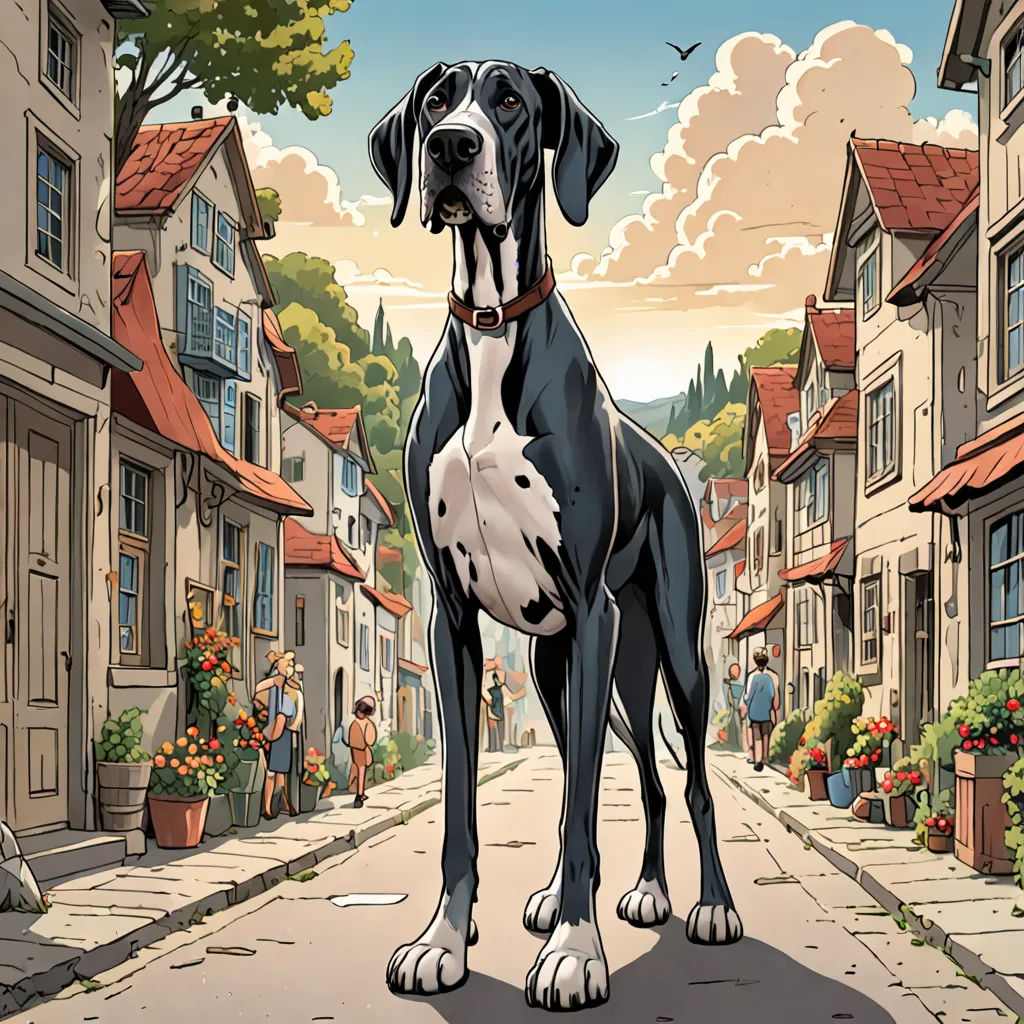 a dog standing on a street in front of a building with a sky background and a person sitting on a bench, furry art, a comic book panel, Cedric Seaut (Keos Masons), comic cover art