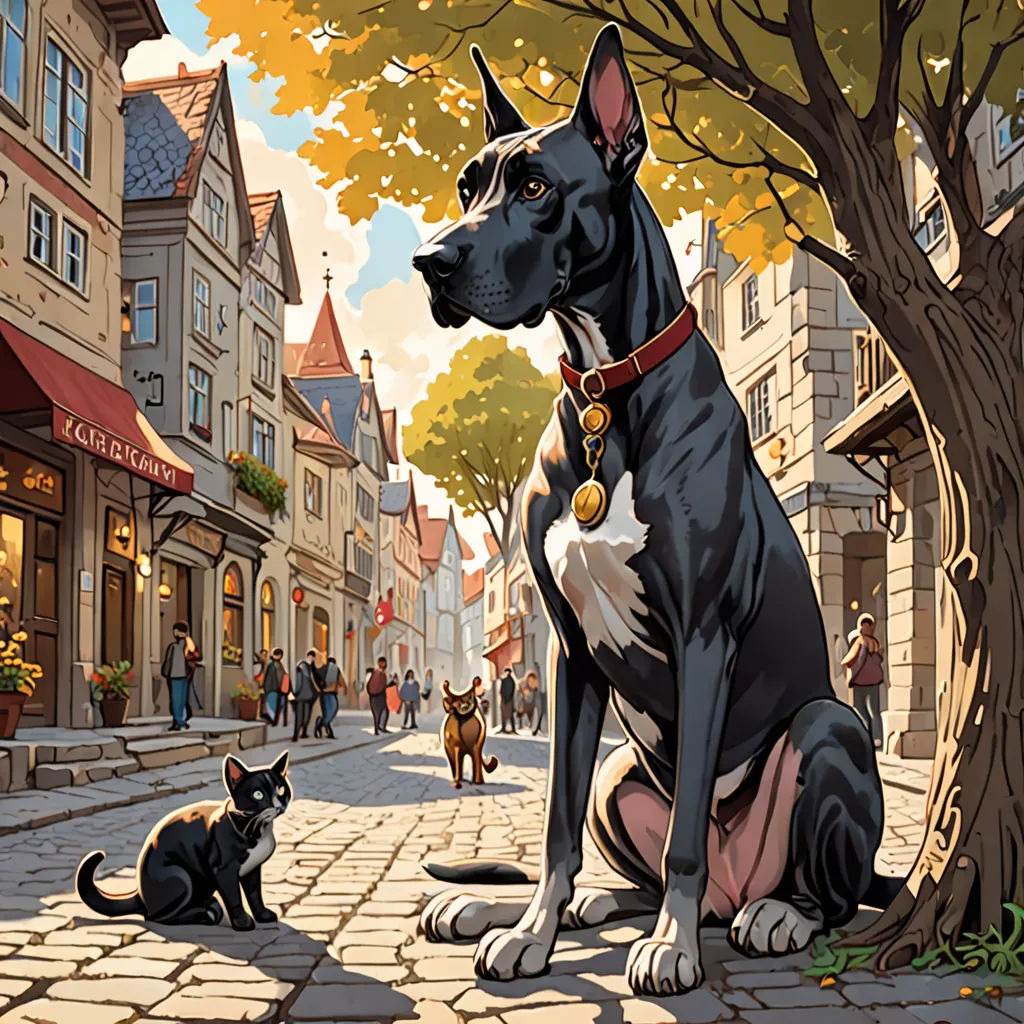 a dog and a cat sitting on a cobblestone street in a city with a tree and buildings, american scene painting, a comic book panel, Brothers Hildebrandt, comic cover art