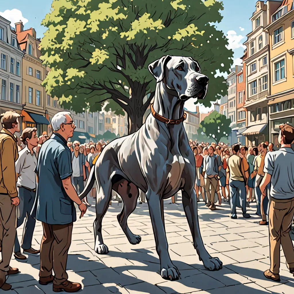 a large dog standing on a sidewalk next to a crowd of people in a city square with a tree, hyperrealism, a comic book panel, Asaf Hanuka, graphic novel