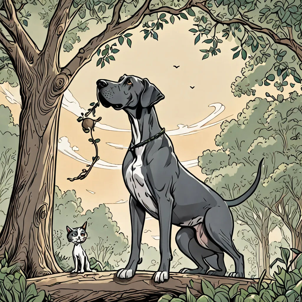 a dog and a cat are standing in the woods near a tree and a branch with a bird on it, serial art, a comic book panel, Asaf Hanuka, comic cover art