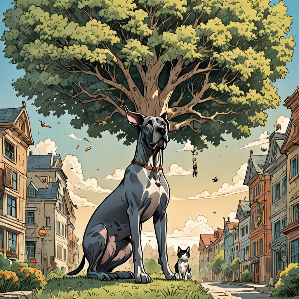 a dog and a cat sitting on a hill in front of a tree and a street with houses and a tree, furry art, a comic book panel, Chris LaBrooy, comic cover art