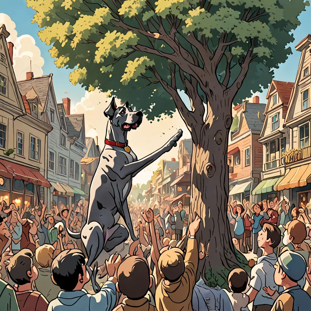 a dog jumping up into the air to catch a frisbee in a crowded city street with people, context art, a storybook illustration, Chris LaBrooy, storybook illustration