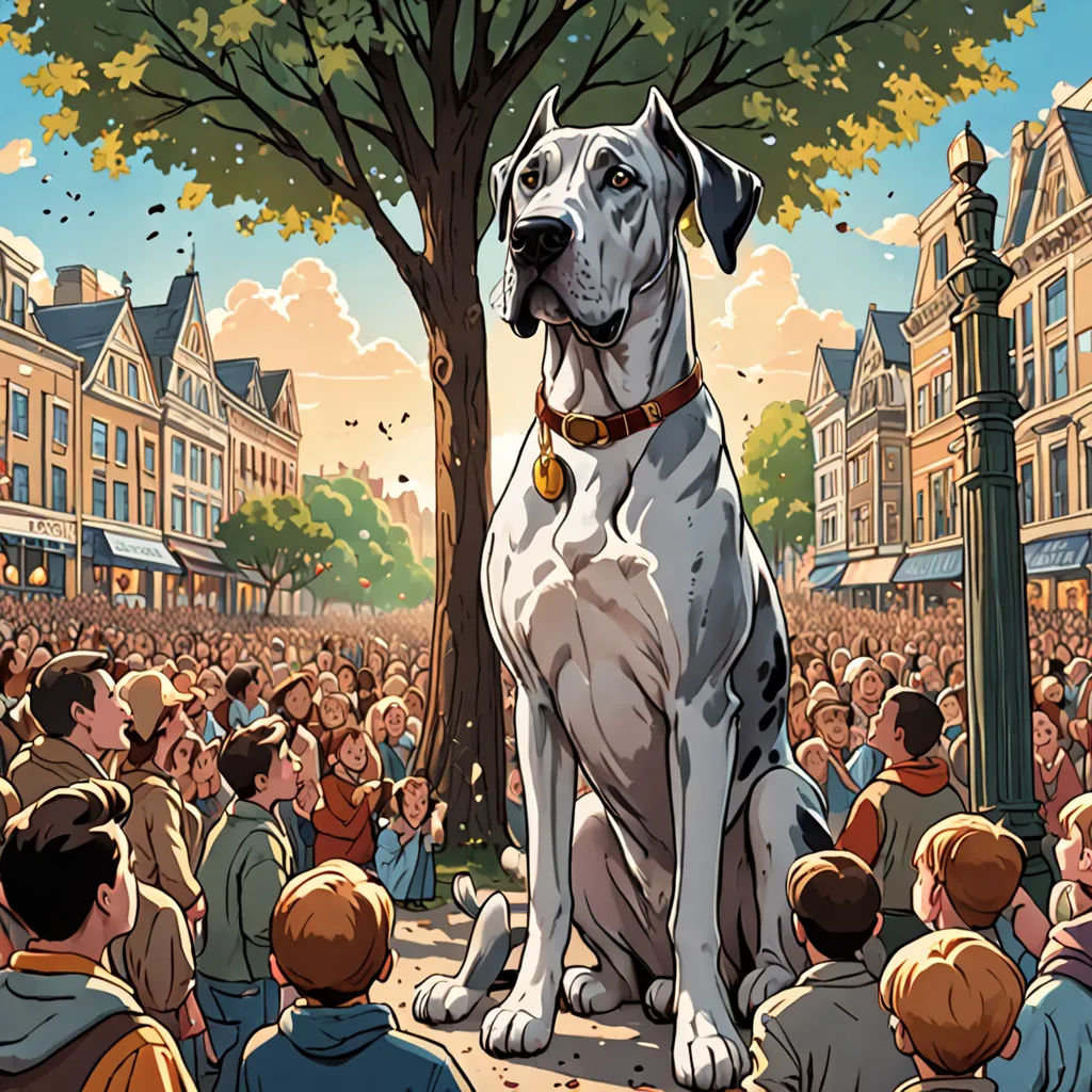 a dog sitting in front of a crowd of people in a city square with a tree in the background, furry art, a comic book panel, Asaf Hanuka, comic cover art