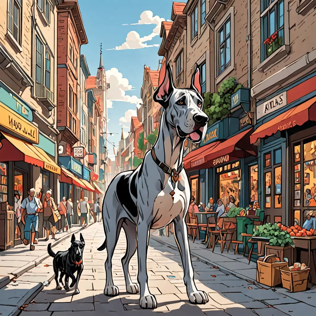 a dog standing on a city street next to a dog on a leash and a man walking a dog, furry art, a comic book panel, Asaf Hanuka, western comic book art