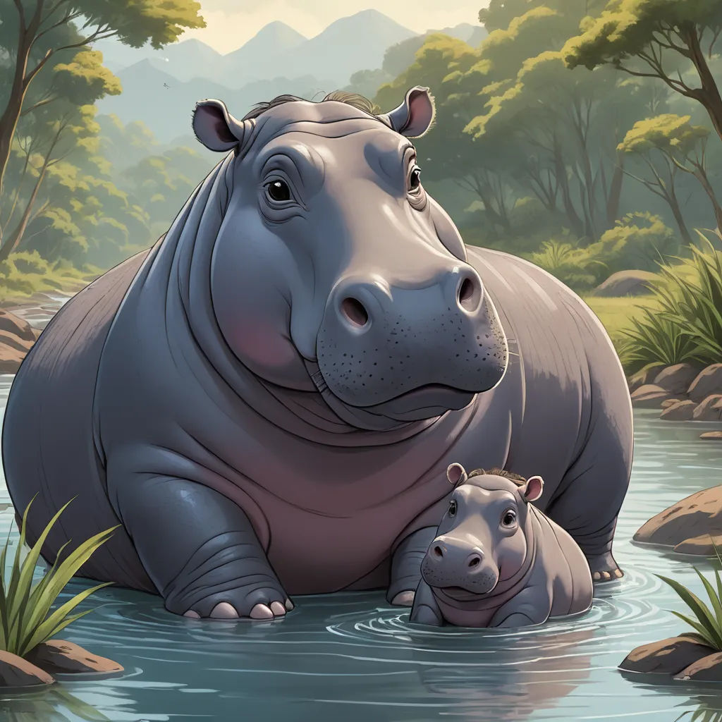 a hippo and her baby are in the water together, with mountains in the background and trees in the foreground, furry art, a storybook illustration, Chris LaBrooy, storybook illustration
