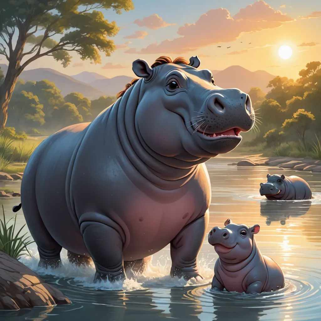 a hippo and her baby are in the water at sunset or dawn, with the sun shining on the horizon, furry art, a storybook illustration, Chris LaBrooy, official art