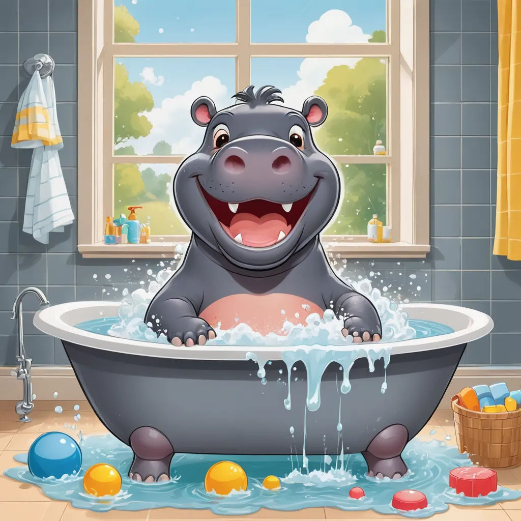 a hippo in a bathtub with bubbles and toys around it and a window in the background with a curtain, furry art, a storybook illustration, Andries Stock, storybook illustration