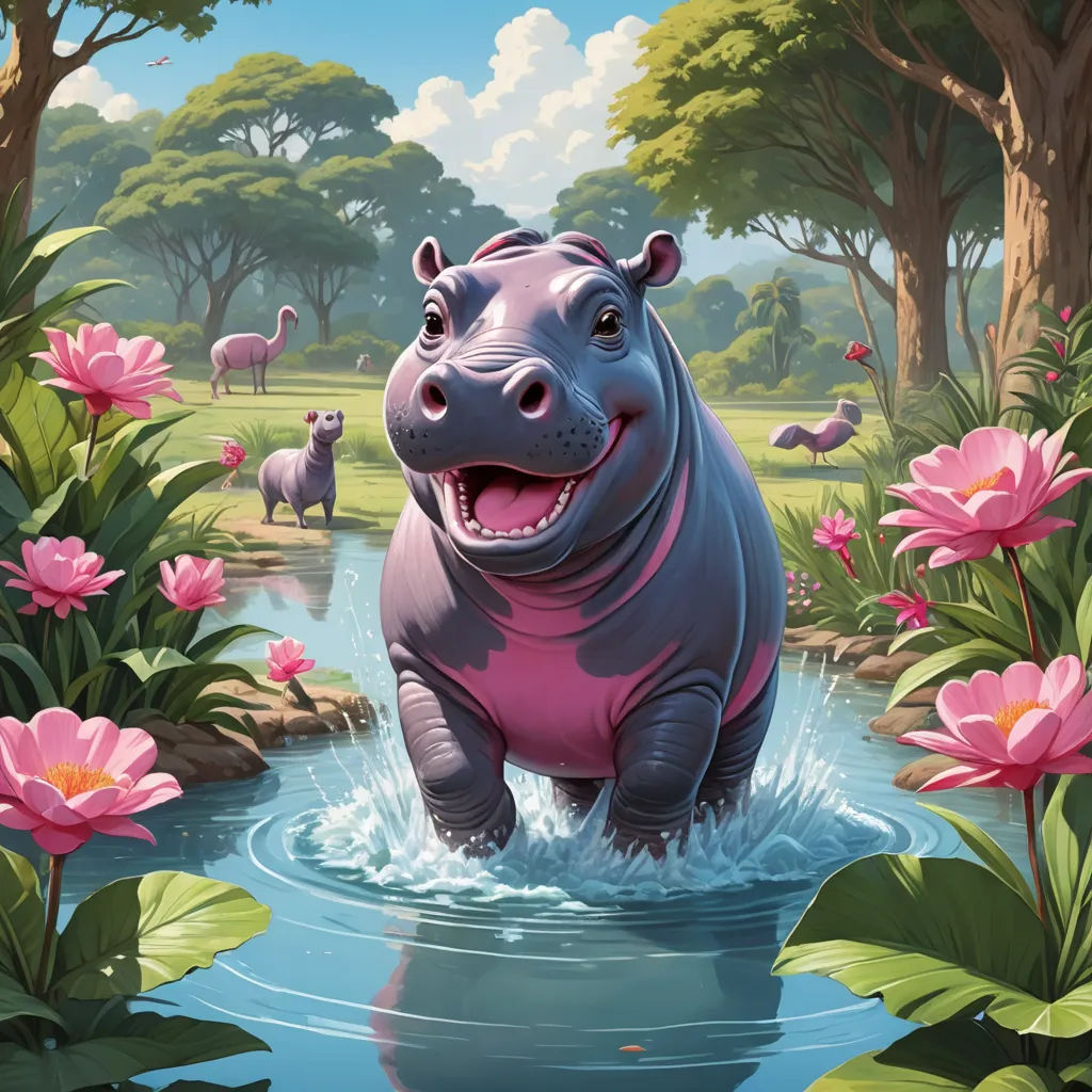 a hippo is standing in a pond of water surrounded by flowers and trees, with a baby hippo in the background, fantasy art, concept art, Chris LaBrooy, magic the gathering artwork