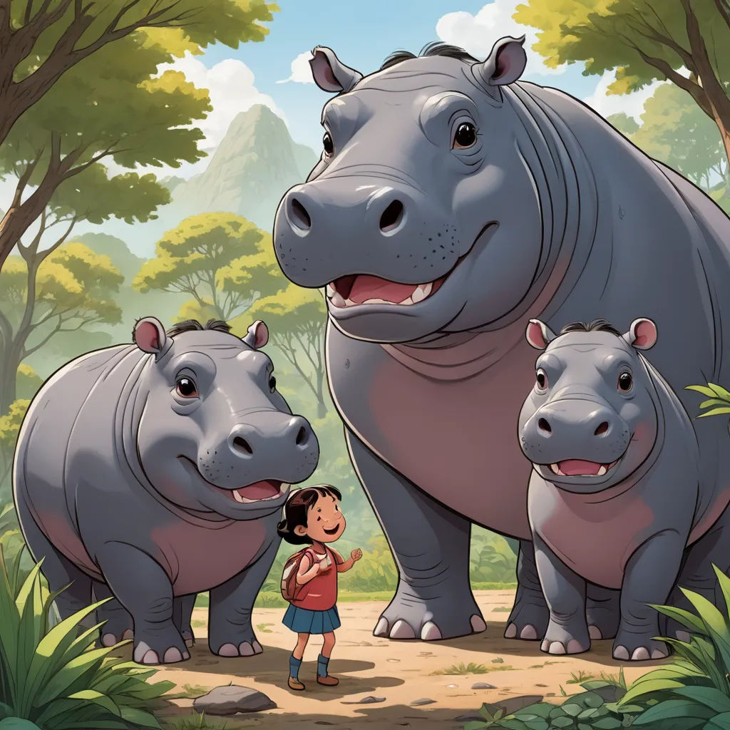 a woman standing next to two hippos in a forest with trees and bushes behind her and a child standing next to them, furry art, a storybook illustration, Diego Gisbert Llorens, storybook illustration