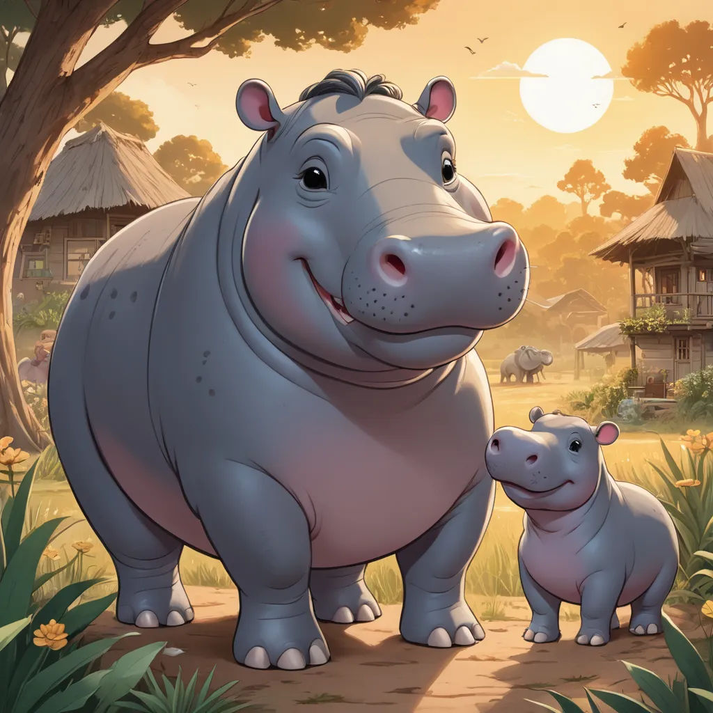 a mother hippo and her baby in a jungle setting with a sunset in the background and a house in the background, altermodern, a storybook illustration, Chris LaBrooy, official art