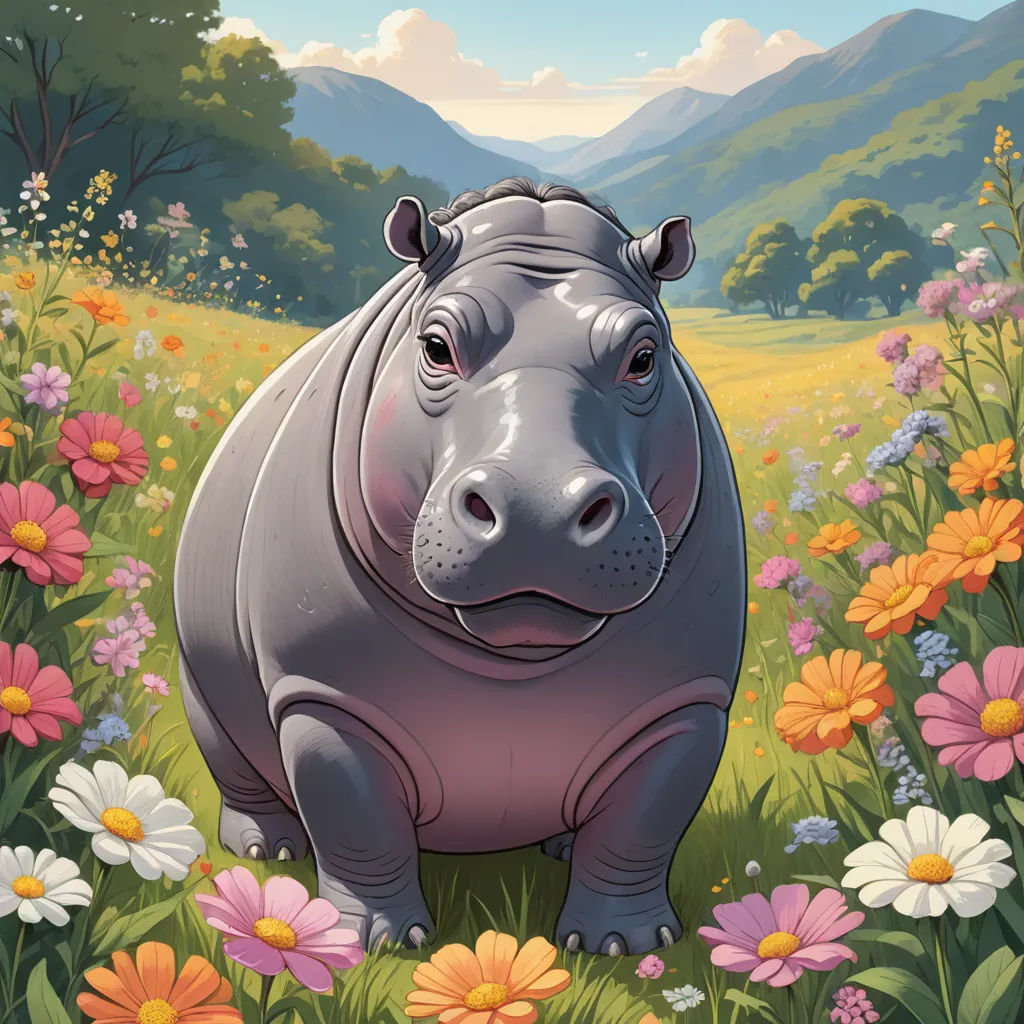 a hippo standing in a field of flowers and daisies with mountains in the background and a sky, american scene painting, a storybook illustration, Chris LaBrooy, high detail illustration