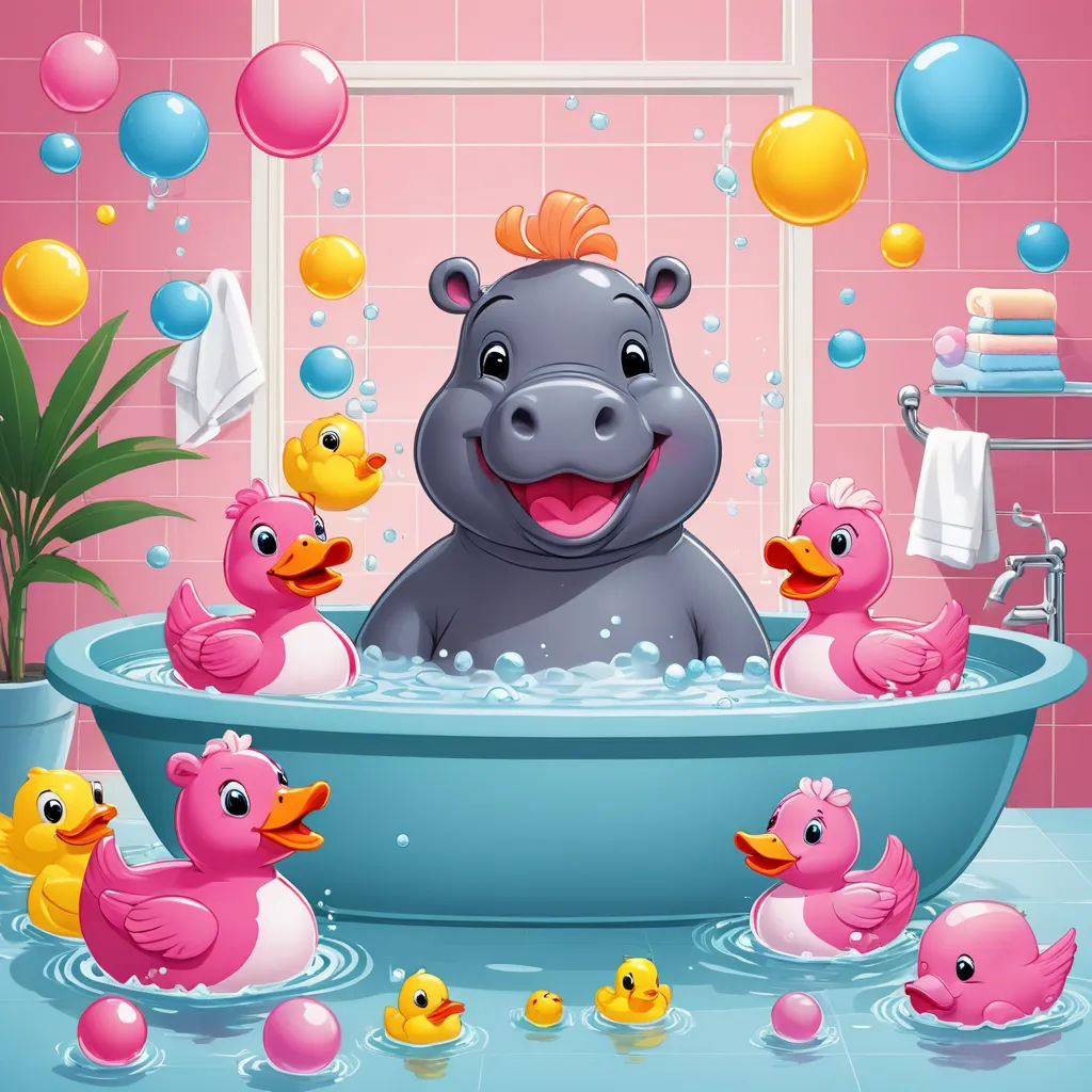 a hippo is in the bathtub with her babies and bubbles floating around it and a potted plant, furry art, a storybook illustration, Andries Stock, furaffinity
