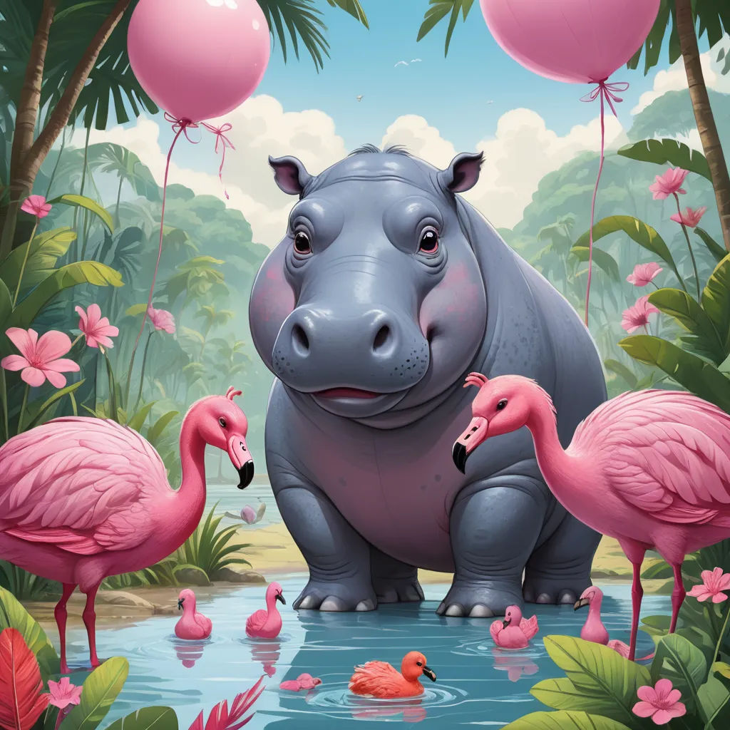a painting of a hippo and flamingos in a tropical setting with balloons floating in the air and a baby flamingo in the water, pop surrealism, a storybook illustration, Chris LaBrooy, highly detailed digital painting