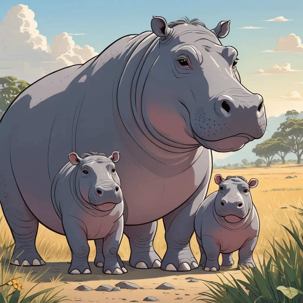 a mother hippo and her two babies in a field of grass and trees with a sky background and clouds, furry art, a storybook illustration, Chris LaBrooy, official art