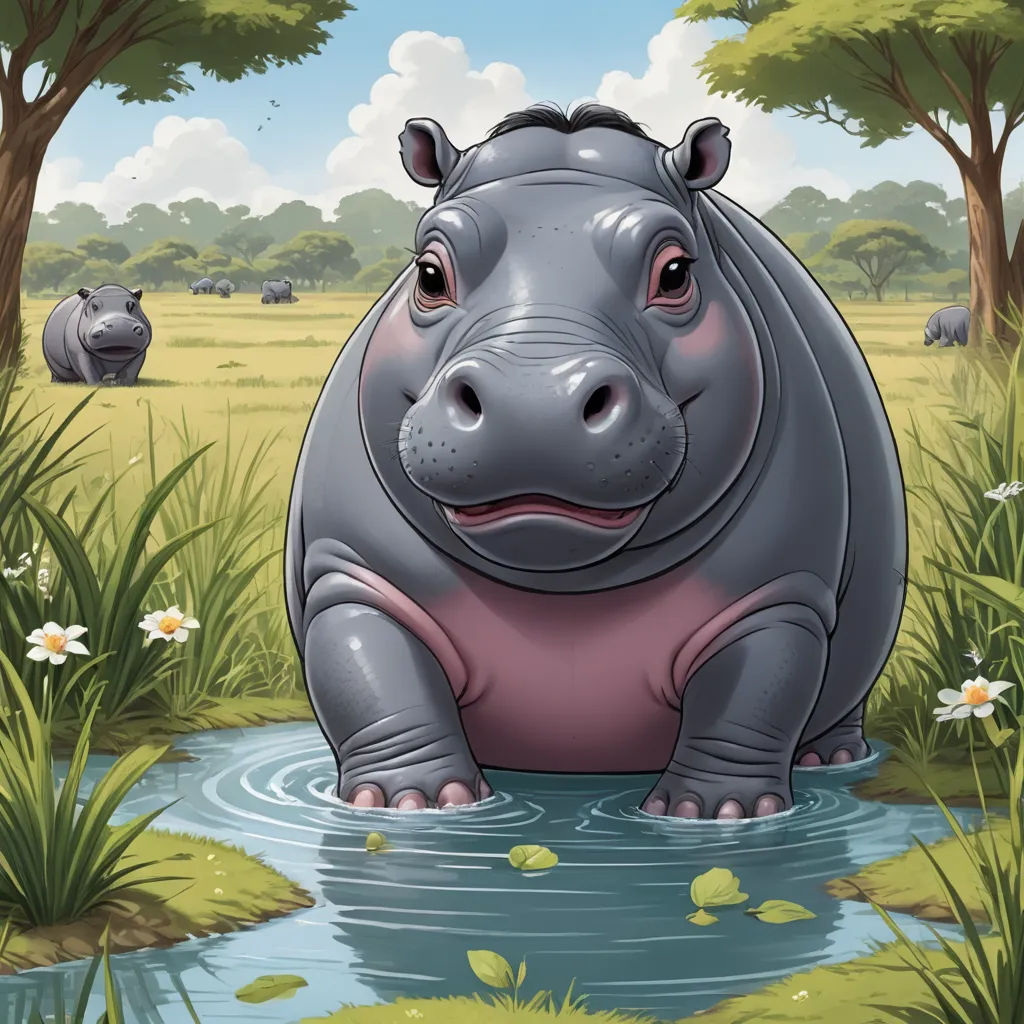 a hippo is standing in a pond of water with trees and flowers around it and a sky background, magical realism, a storybook illustration, Chris LaBrooy, storybook illustration