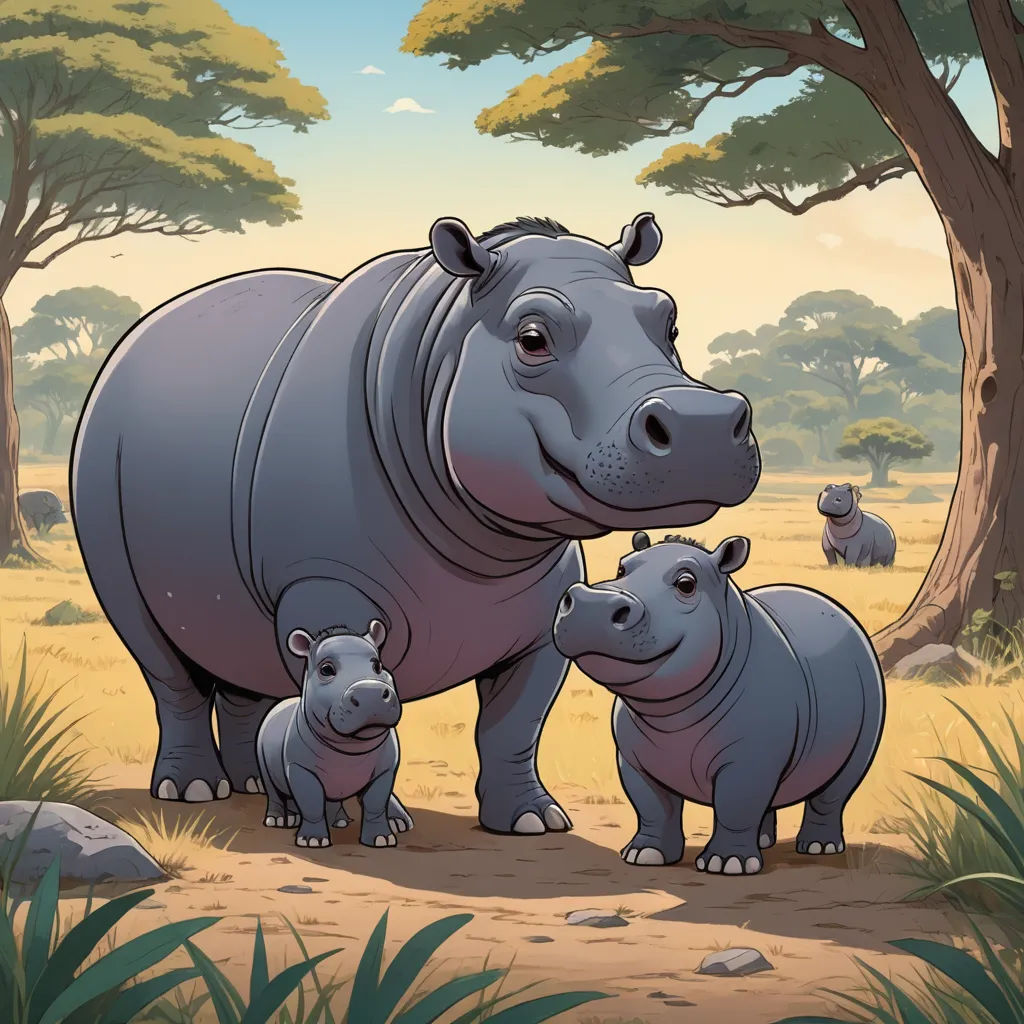 a mother rhino and her two baby rhinos in a forest setting with trees and rocks in the foreground, lyco art, a storybook illustration, Chris LaBrooy, storybook illustration