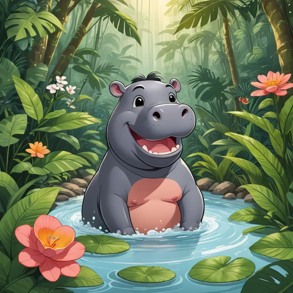 a hippo in the middle of a river surrounded by flowers and plants with a smiling face on it, sots art, a storybook illustration, Cedric Seaut, storybook illustration
