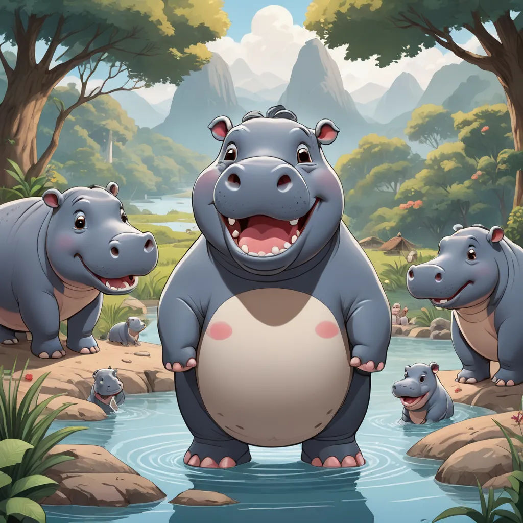 a group of hippos standing in a river with a mountain in the background and trees and rocks, lyco art, a storybook illustration, Chris LaBrooy, official art