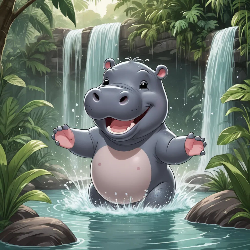 a hippo standing in a river with a waterfall in the background and a forest with trees and rocks, sots art, a storybook illustration, Clovis Trouille, official art