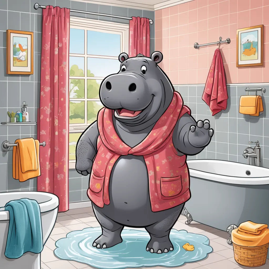 a hippo in a bathroom with a pink scarf around his neck and a pink towel around his neck, furry art, a character portrait, Bob Thompson, trending on furaffinity