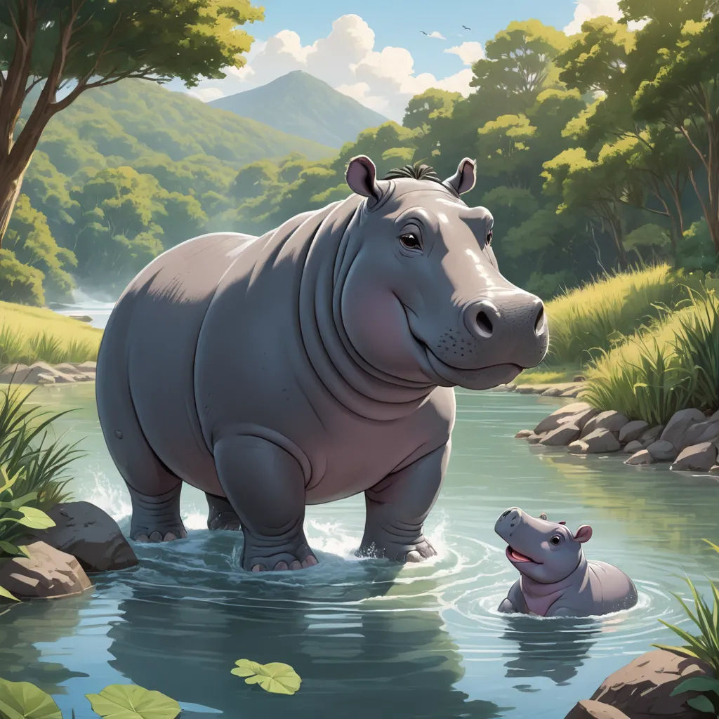 a hippo and a baby hippo in a river with trees and mountains in the background, with a baby hippo in the water, furry art, a storybook illustration, Chris LaBrooy, storybook illustration