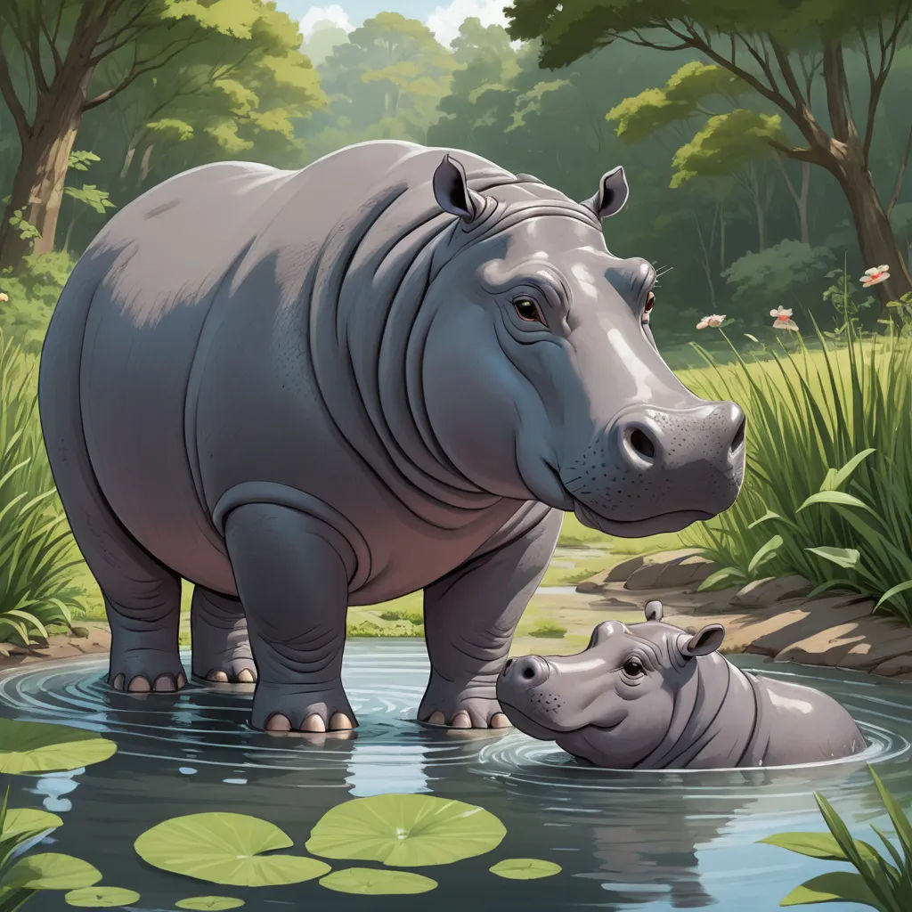 a hippo and her baby are in the water together, with lily pads on the ground and trees in the background, naturalism, a storybook illustration, Chris LaBrooy, storybook illustration
