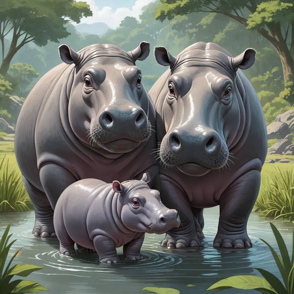 a couple of hippos standing in a body of water next to each other on a lush green field, fantastic realism, a storybook illustration, Chris LaBrooy, highly detailed digital painting