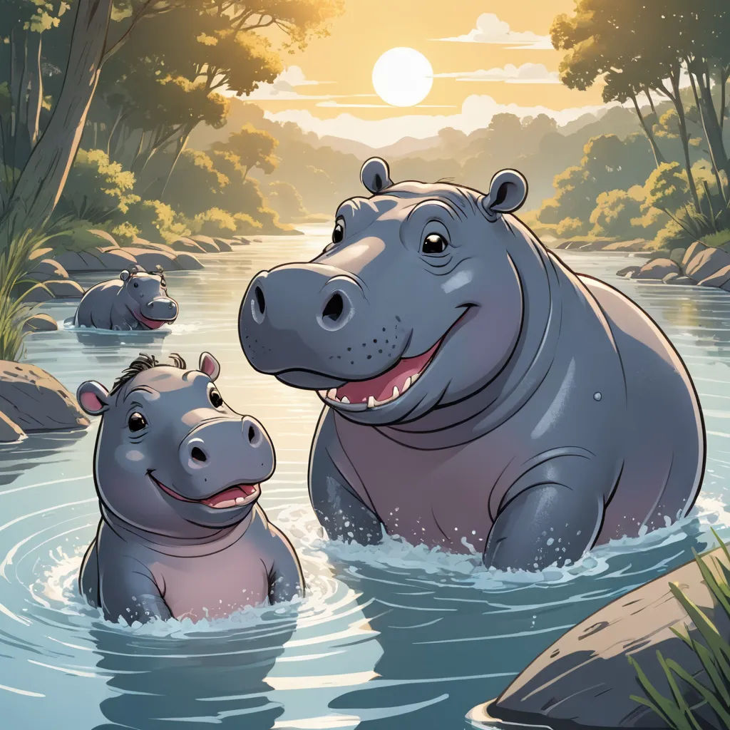 a hippo and a baby hippo in a river at sunset with trees and rocks in the background, private press, a storybook illustration, Brothers Hildebrandt, storybook illustration