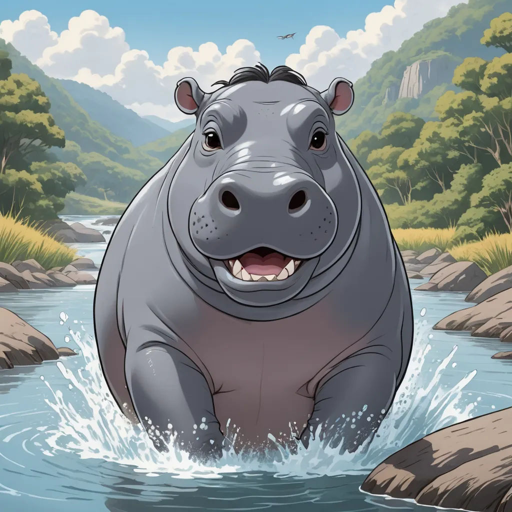 a hippo is standing in a river with a smile on its face and it's mouth open, furry art, a storybook illustration, Chris LaBrooy, high detail illustration