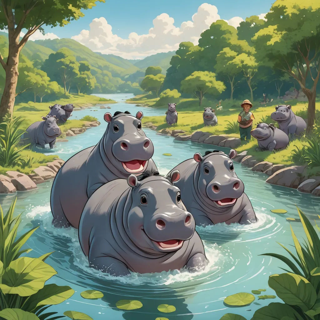 a group of hippos are in a river with a man in the background and a man in the background, environmental art, a storybook illustration, Chris LaBrooy, storybook illustration