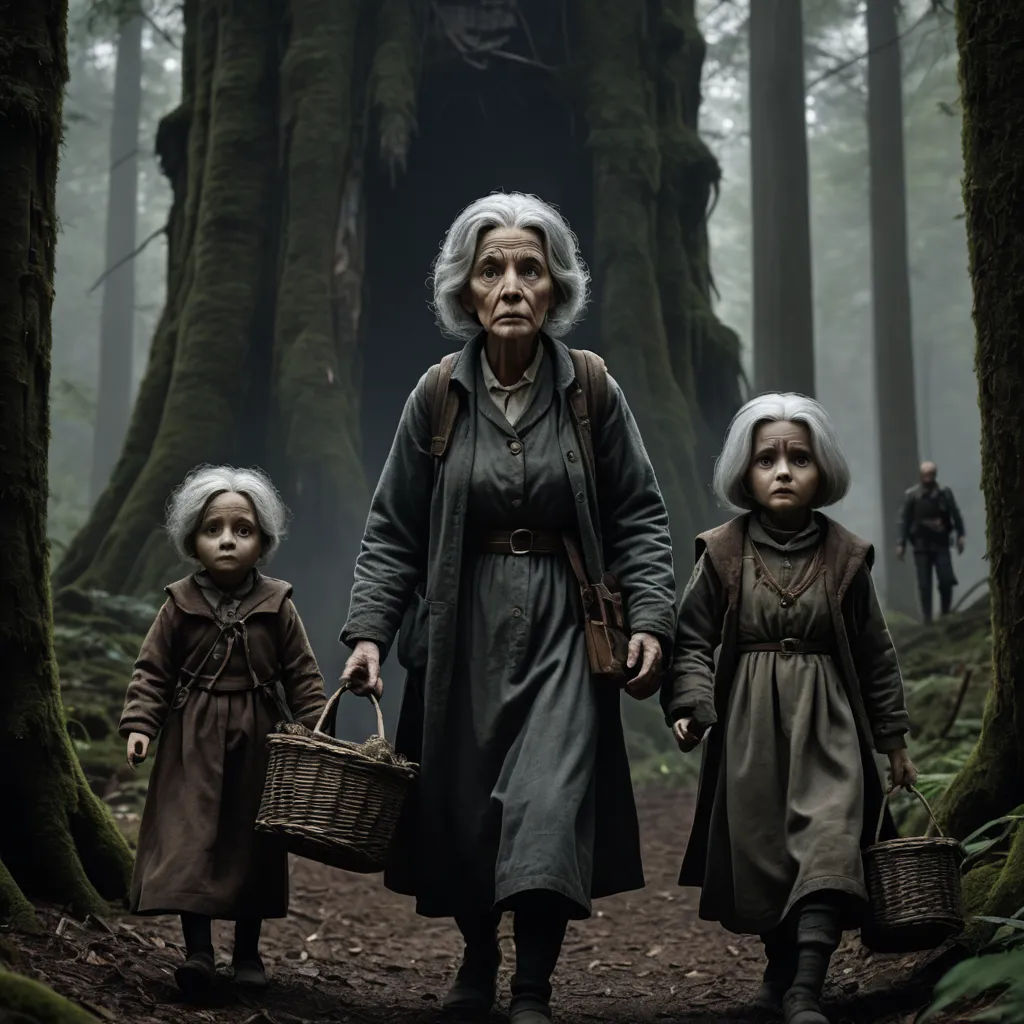 a woman and two children walking through a forest with a giant tree in the background and a man in the background, antipodeans, a detailed matte painting, Ada Gladys Killins, promotional image