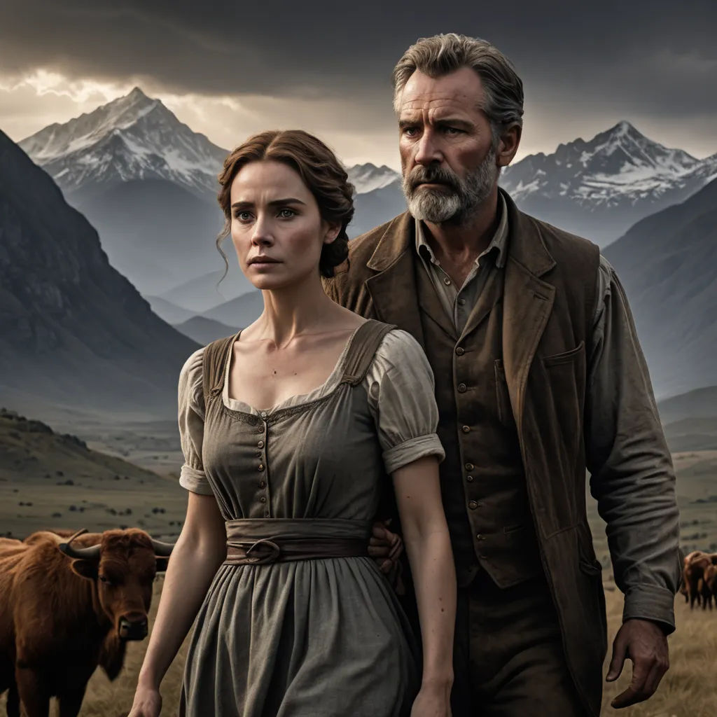 a man and a woman standing in a field with mountains in the background and a sky filled with clouds, primitivism, a poster, Anne Said, promotional image