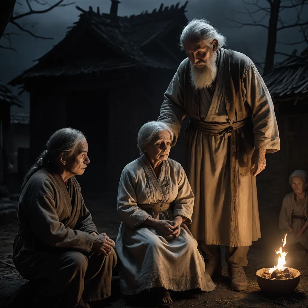 a group of people sitting around a fire pit with a man standing next to them and a woman standing next to it, dau-al-set, a detailed matte painting, Byeon Sang-byeok, movie still