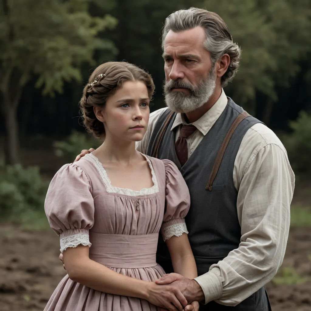 a man and a woman standing next to each other in a field with trees in the background and a man in a vest and tie, international gothic, a colorized photo, Anne Said, promotional image
