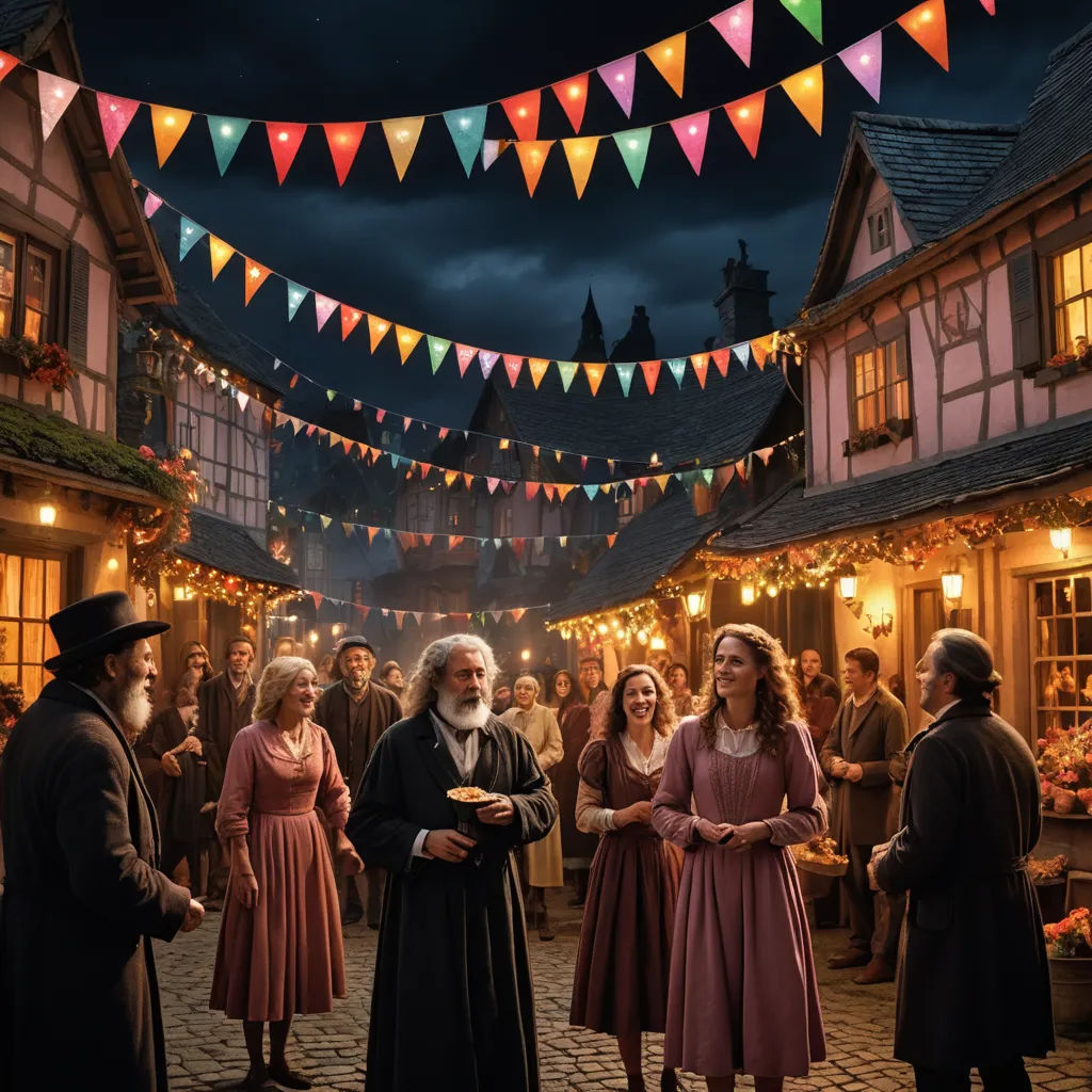 a group of people standing around a street at night with a sky background and a string of lights strung across the street, arts and crafts movement, a detailed matte painting, Anne Said, promotional image
