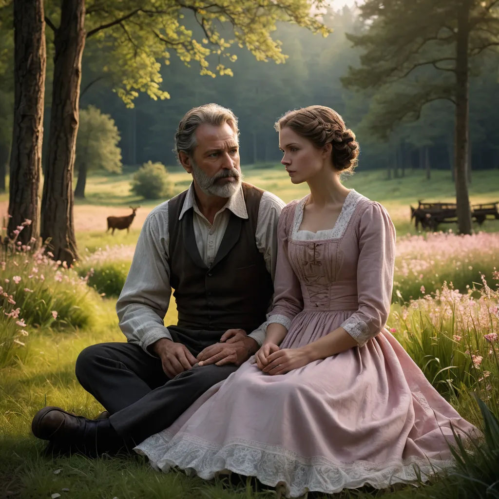 a man and a woman sitting on a grass covered field next to a forest filled with trees and flowers, german romanticism, an impressionist painting, Anne Said, promotional image
