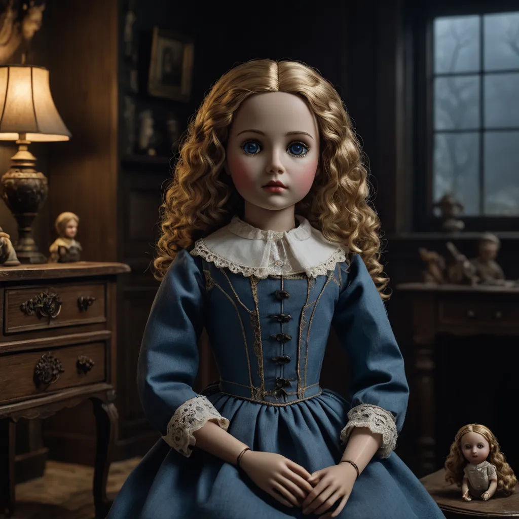 a doll sitting on a table in a room with a lamp and a dresser with a doll on it, gothic art, a flemish Baroque, Elinor Proby Adams, promotional image