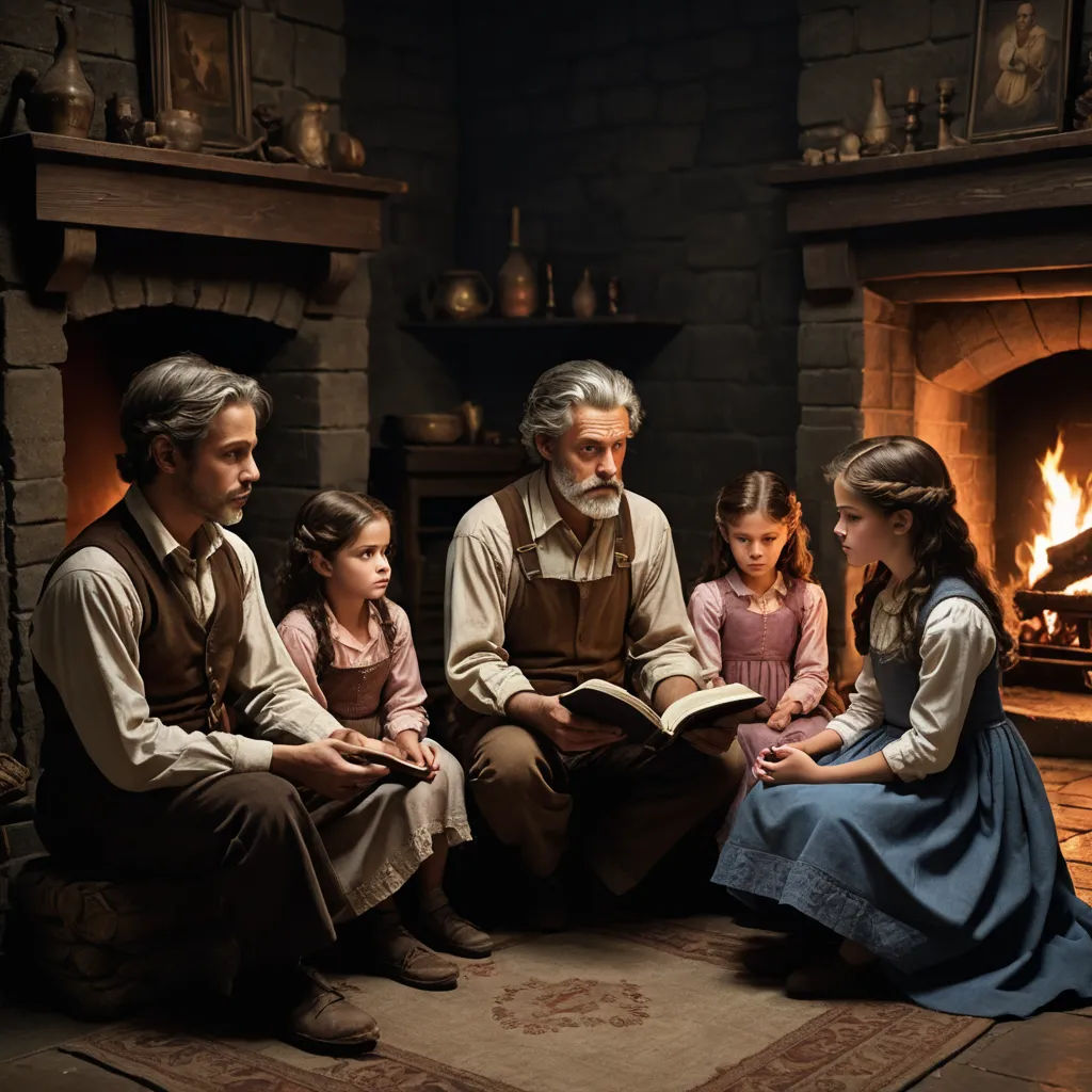 a family sitting in front of a fireplace reading a book together, with a man reading a book to them, magical realism, a storybook illustration, Anne Said, promotional image