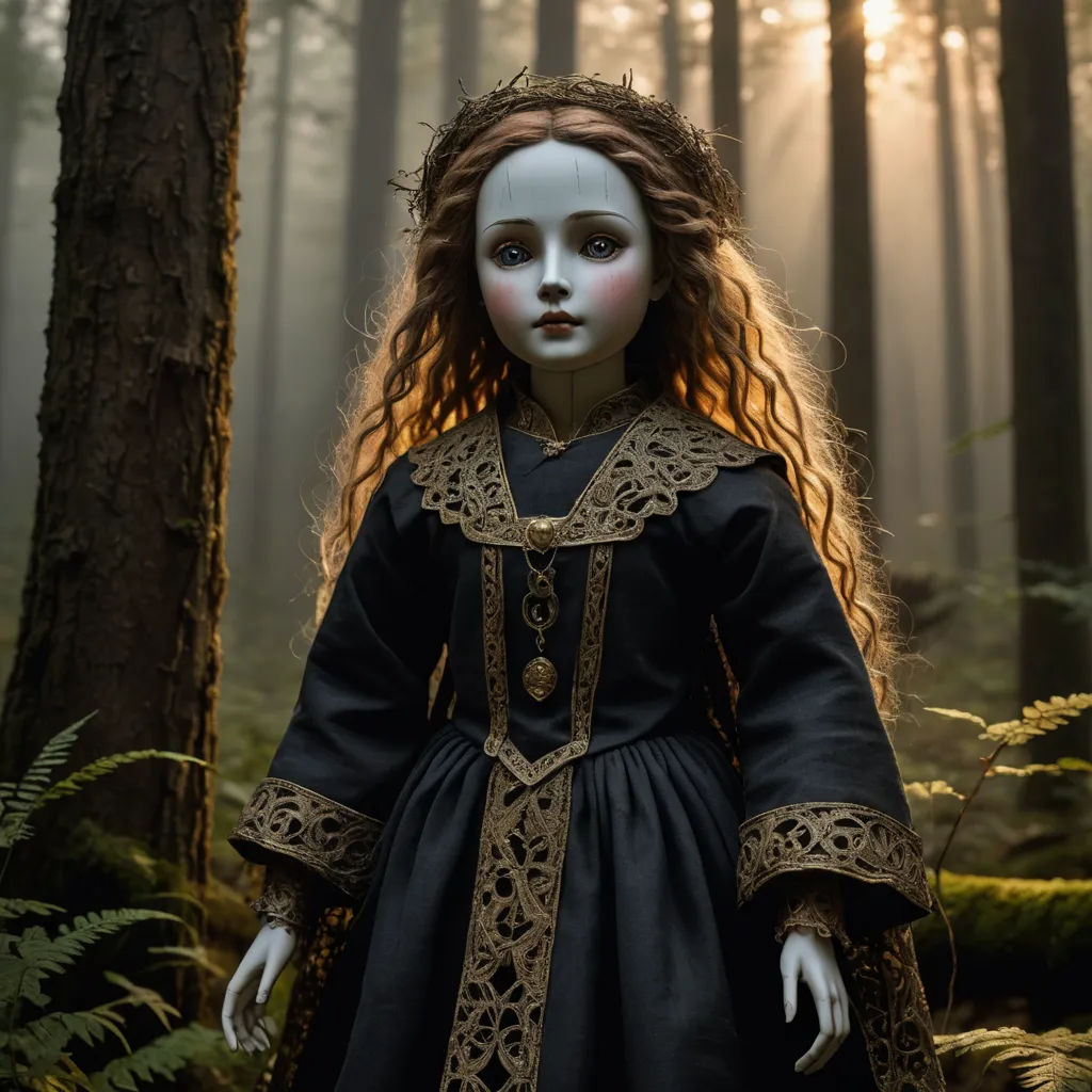 a doll with long hair standing in a forest with trees and ferns in the background, wearing a black dress, gothic art, a flemish Baroque, Clarice Beckett, dark art