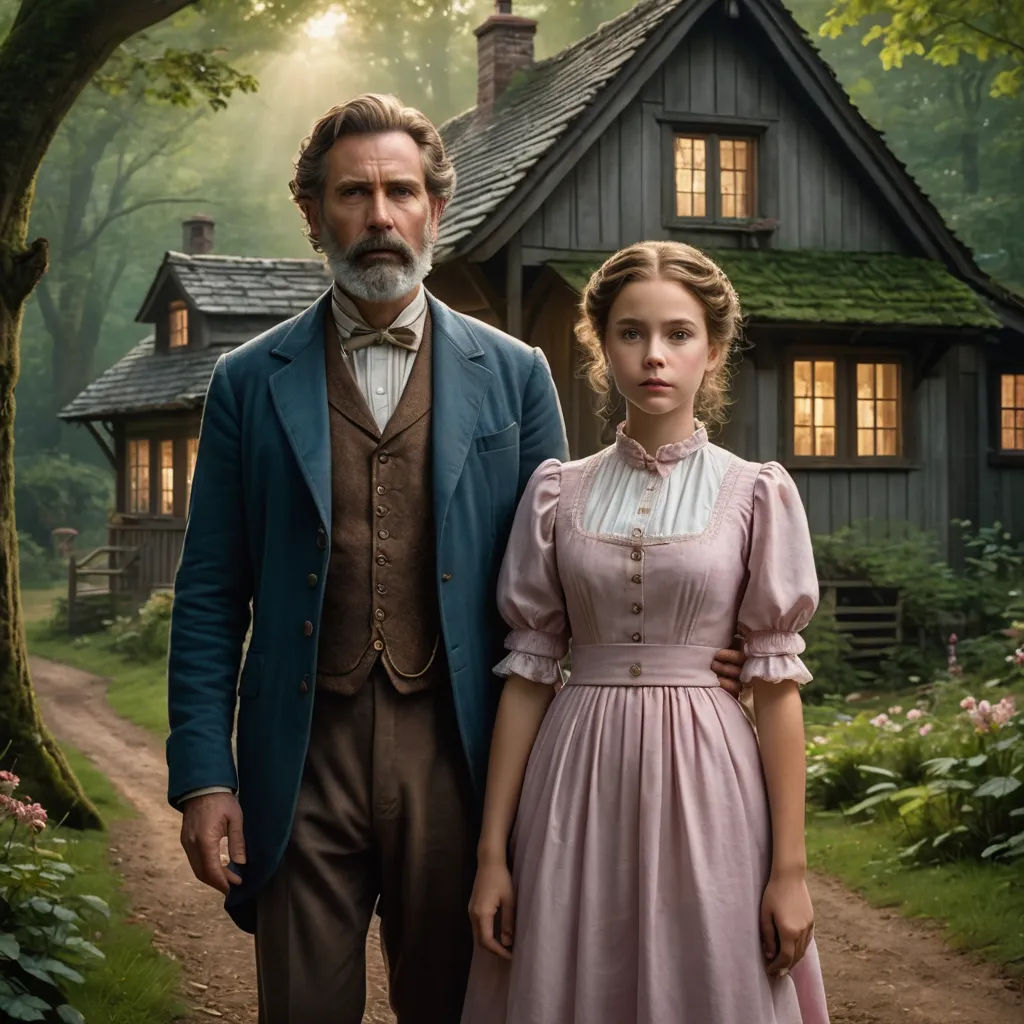 a man and a woman standing in front of a house in the woods with a dog in front of them, arts and crafts movement, a poster, Anne Said, promotional image